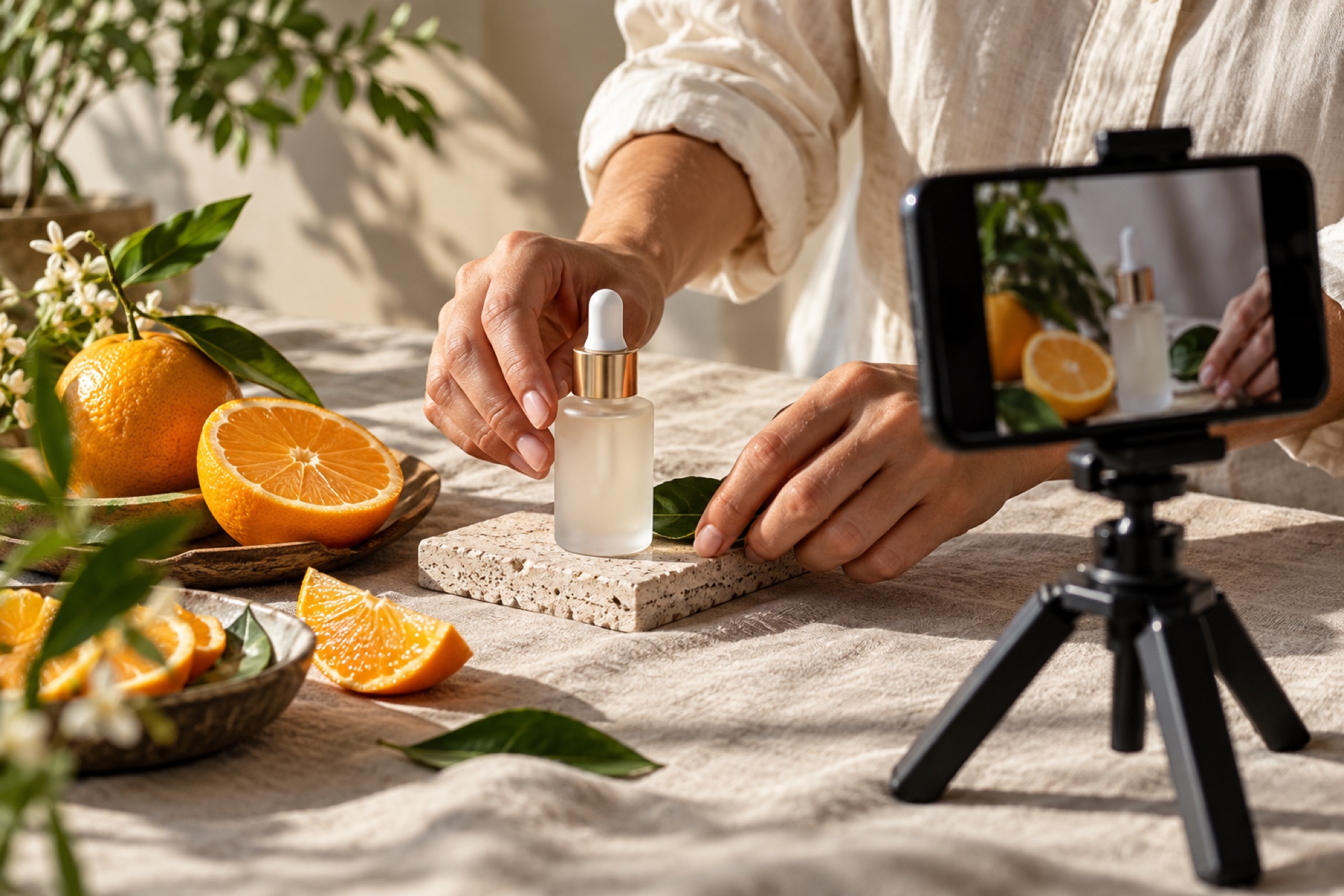 Creator filming a skincare product in natural light